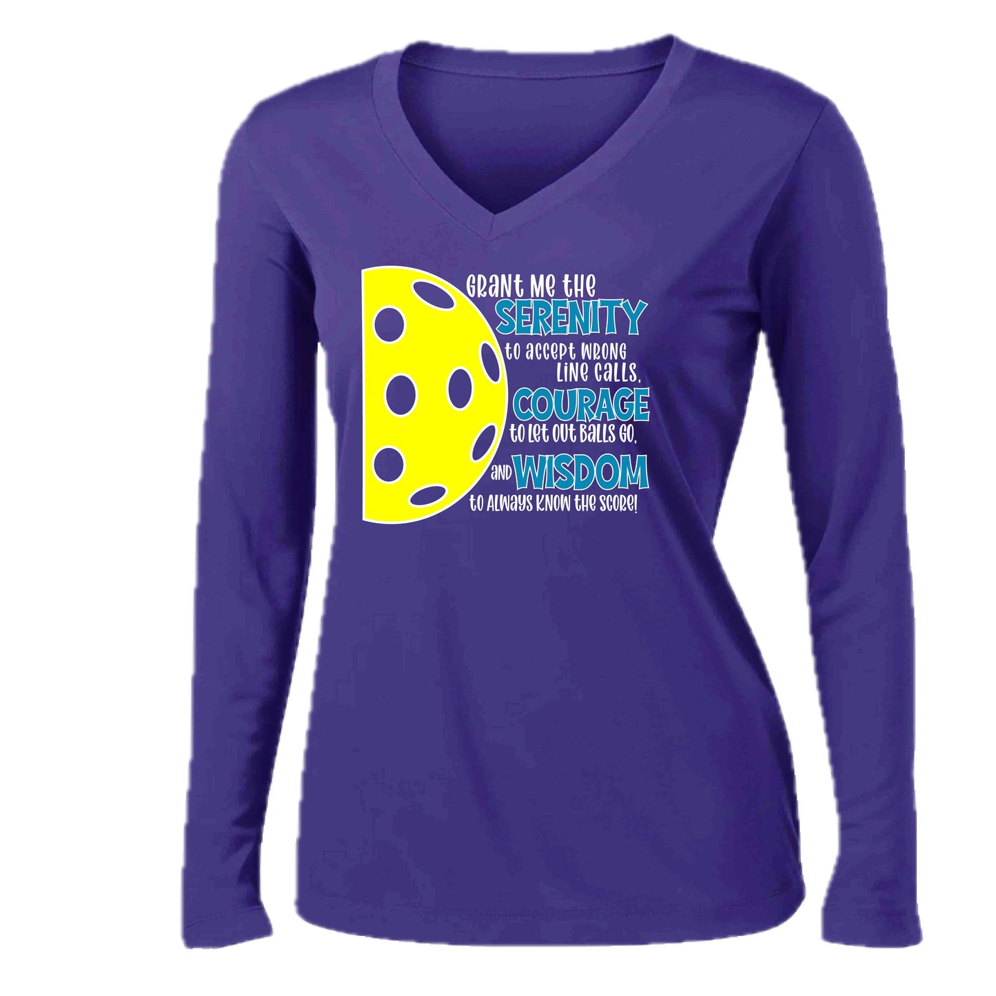 Pickleball Serenity Prayer | Women’s Long Sleeve V-Neck Pickleball Performance T-Shirt | 100% Polyester