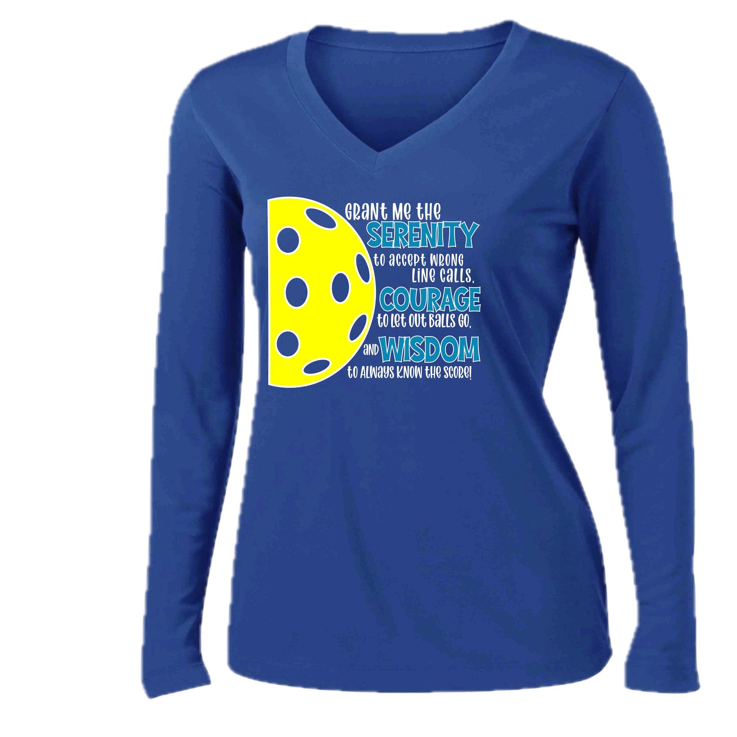 Pickleball Serenity Prayer | Women’s Long Sleeve V-Neck Pickleball Performance T-Shirt | 100% Polyester
