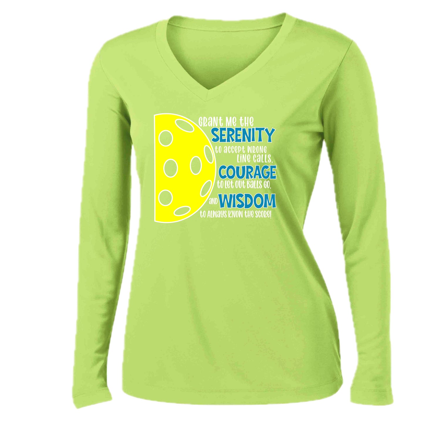 Pickleball Serenity Prayer | Women’s Long Sleeve V-Neck Pickleball Performance T-Shirt | 100% Polyester