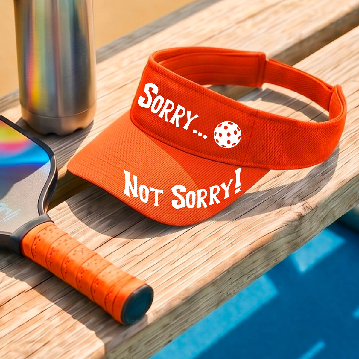 A close-up of an orange athletic visor with motif.design on the front and brim..  The front features the playful word “SORRY…” in bold white lettering, accented a colorful pickleball, and the brim design features “NOT SORRY!” in bold white lettering curved around the brim edge.