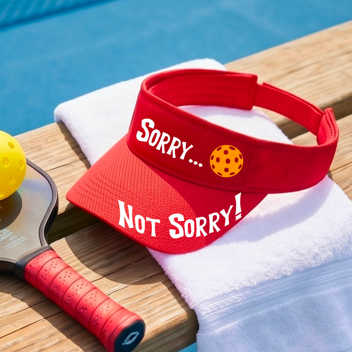 A close-up of a red athletic visor with motif.design on the front and brim..  The front features the playful word “SORRY…” in bold white lettering, accented a colorful pickleball, and the brim design features “NOT SORRY!” in bold white lettering curved around the brim edge.