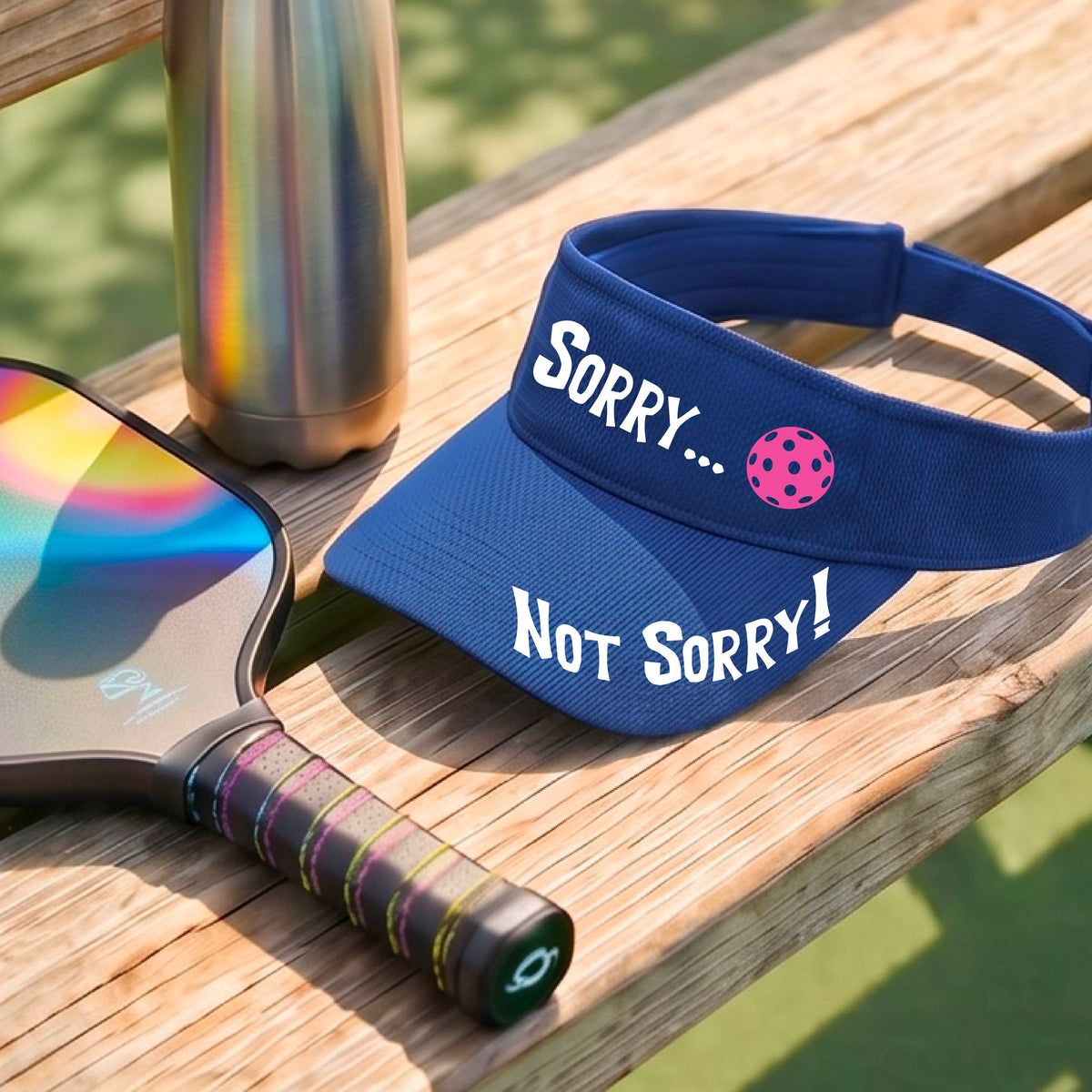 A close-up of a royal blue athletic visor with motif.design on the front and brim..  The front features the playful word “SORRY…” in bold white lettering, accented a colorful pickleball, and the brim design features “NOT SORRY!” in bold white lettering curved around the brim edge.