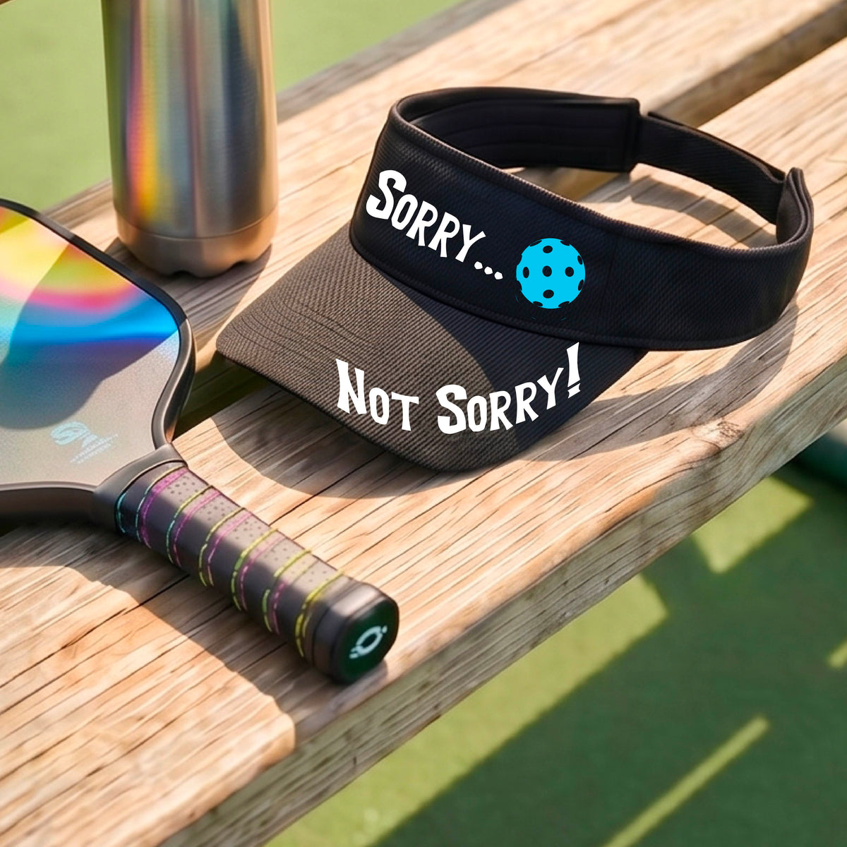 A close-up of a black athletic visor with motif.design on the front and brim..  The front features the playful word “SORRY…” in bold white lettering, accented a colorful pickleball, and the brim design features “NOT SORRY!” in bold white lettering curved around the brim edge.