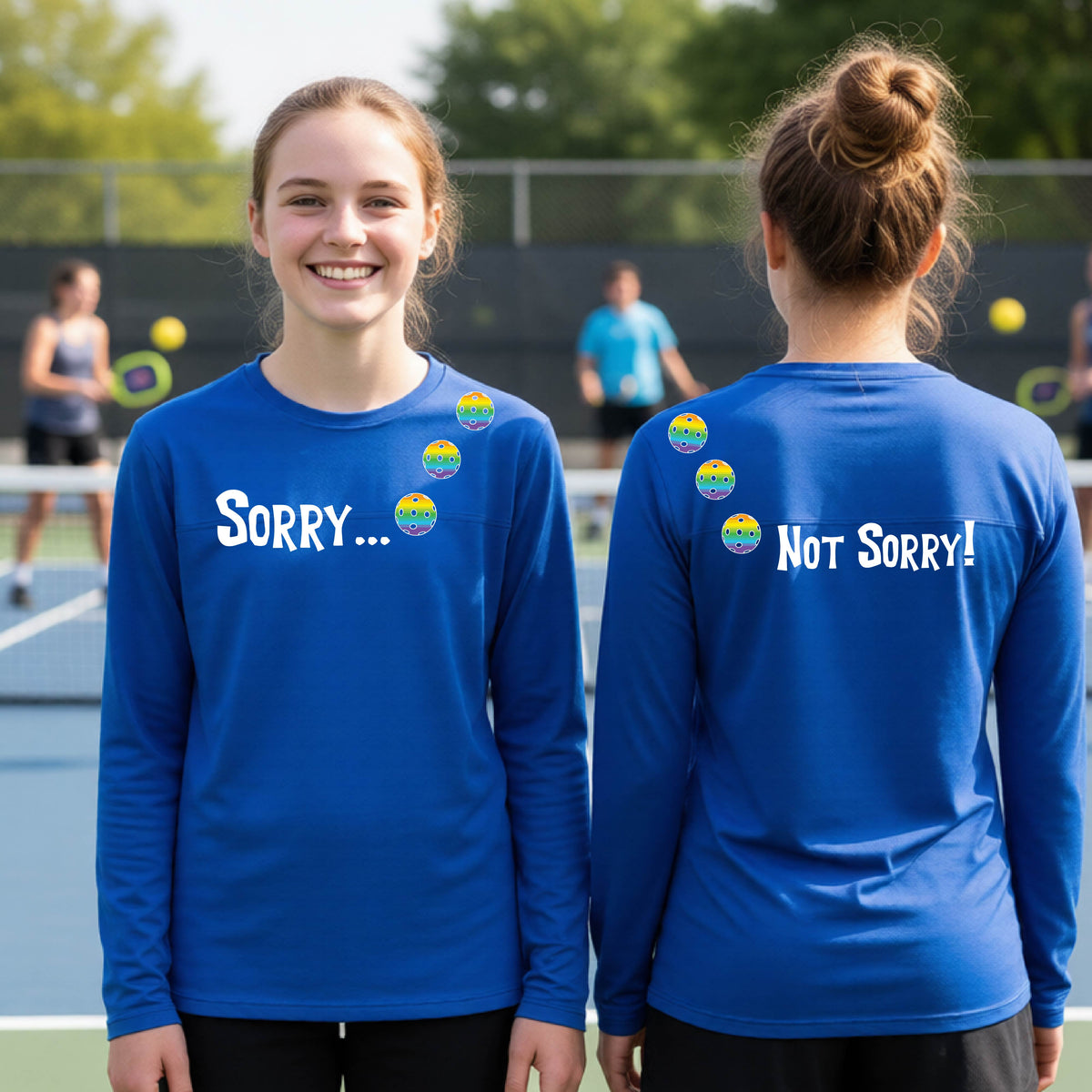 Two young people on a pickleball court wearing black long-sleeve t-shirts with a front/back graphic design.  The front features the playful word “SORRY…” in bold white lettering, accented with three colorful pickleballs arranged diagonally across the upper chest.  The back design features “NOT SORRY!” in bold white lettering running vertically down the upper back, with three matching colorful pickleballs positioned above lettering.  
