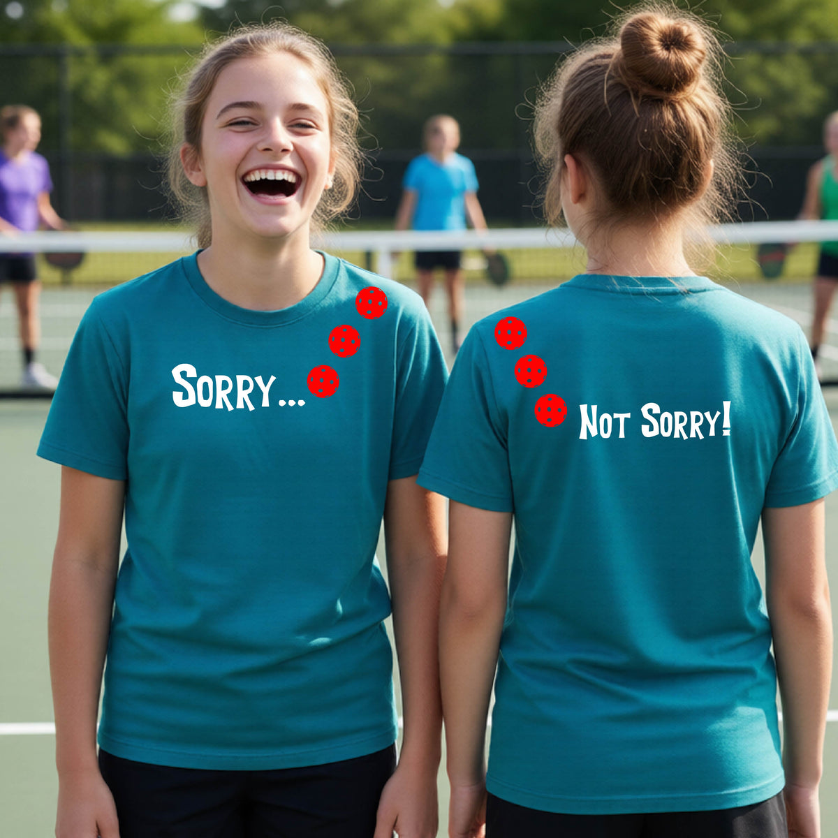 Two youths on a pickleball court wearing teal short-sleeve t-shirts with a front/back graphic design.  The front features the playful word “SORRY…” in bold white lettering, accented with three colorful pickleballs arranged diagonally across the upper chest.  The back design features “NOT SORRY!” in bold white lettering running vertically down the upper back, with three matching colorful pickleballs positioned above lettering.  