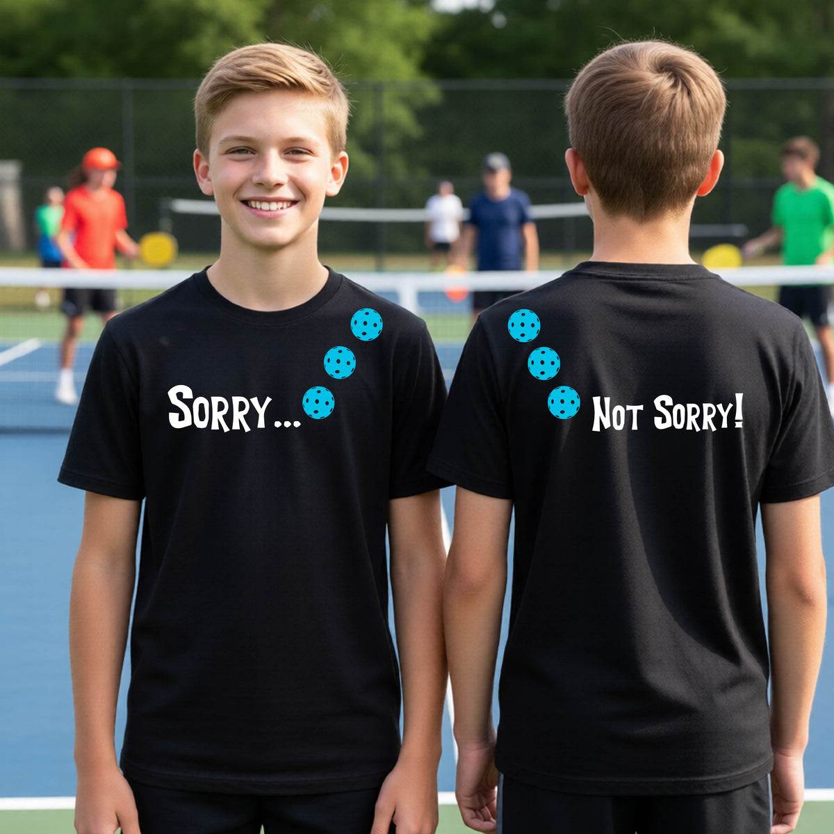 Two youths on a pickleball court wearing black short-sleeve t-shirts with a front/back graphic design.  The front features the playful word “SORRY…” in bold white lettering, accented with three colorful pickleballs arranged diagonally across the upper chest.  The back design features “NOT SORRY!” in bold white lettering running vertically down the upper back, with three matching colorful pickleballs positioned above lettering.  