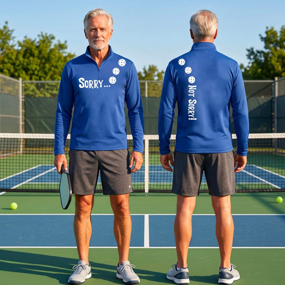 Two men on a pickleball court wearing royal blue quarter-zip shirts with a front/back graphic design.  The front features the playful word “SORRY…” in bold white lettering, accented with three colorful pickleballs arranged diagonally across the upper chest.  The back design features “NOT SORRY!” in bold white lettering running vertically down the upper back, with three matching colorful pickleballs positioned above lettering.  