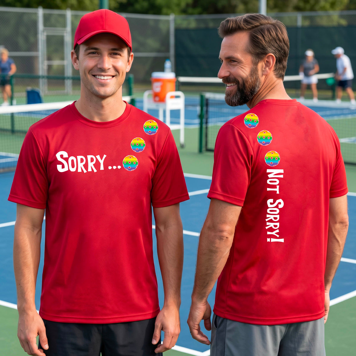 Two men on a pickleball court wearing red short-sleeve t-shirts with a front/back graphic design.  The front features the playful word “SORRY…” in bold white lettering, accented with three colorful pickleballs arranged diagonally across the upper chest.  The back design features “NOT SORRY!” in bold white lettering running vertically down the upper back, with three matching colorful pickleballs positioned above lettering. 