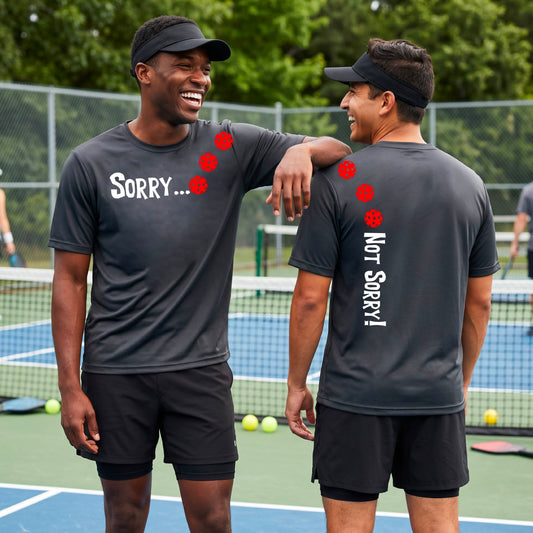 Two men on a pickleball court wearing dark gray short-sleeve t-shirts with a front/back graphic design.  The front features the playful word “SORRY…” in bold white lettering, accented with three colorful pickleballs arranged diagonally across the upper chest.  The back design features “NOT SORRY!” in bold white lettering running vertically down the upper back, with three matching colorful pickleballs positioned above lettering. 