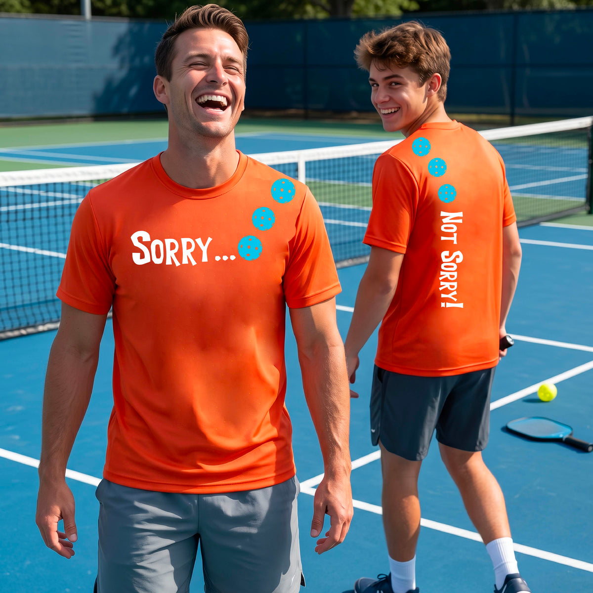 Two men on a pickleball court wearing orange short-sleeve t-shirts with a front/back graphic design.  The front features the playful word “SORRY…” in bold white lettering, accented with three colorful pickleballs arranged diagonally across the upper chest.  The back design features “NOT SORRY!” in bold white lettering running vertically down the upper back, with three matching colorful pickleballs positioned above lettering. 