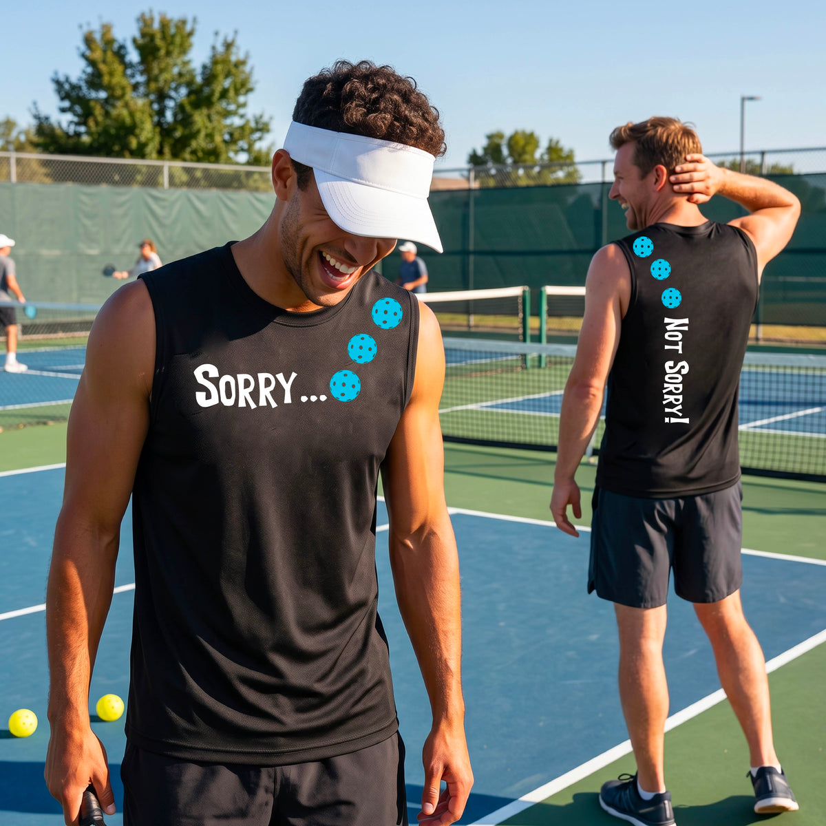 Two men on a pickleball court wearing black sleeveless t-shirt with a front/back graphic design.  The front features the playful word “SORRY…” in bold white lettering, accented with three colorful pickleballs arranged diagonally across the upper chest.  The back design features “NOT SORRY!” in bold white lettering running vertically down the upper back, with three matching colorful pickleballs positioned above lettering.  