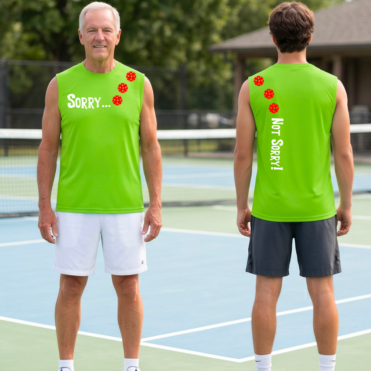Two men on a pickleball court wearing lime green sleeveless t-shirt with a front/back graphic design.  The front features the playful word “SORRY…” in bold white lettering, accented with three colorful pickleballs arranged diagonally across the upper chest.  The back design features “NOT SORRY!” in bold white lettering running vertically down the upper back, with three matching colorful pickleballs positioned above lettering.  