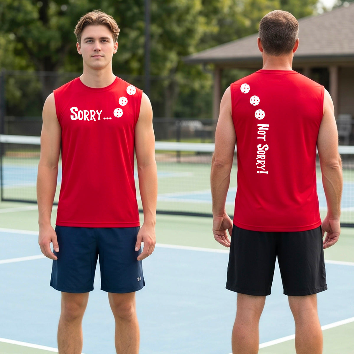 Two men on a pickleball court wearing red sleeveless t-shirt with a front/back graphic design.  The front features the playful word “SORRY…” in bold white lettering, accented with three colorful pickleballs arranged diagonally across the upper chest.  The back design features “NOT SORRY!” in bold white lettering running vertically down the upper back, with three matching colorful pickleballs positioned above lettering.  