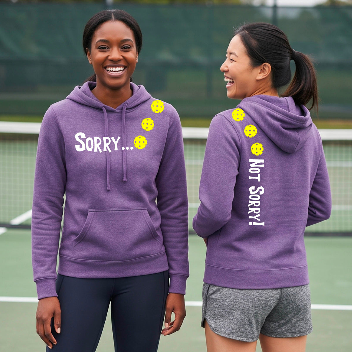 Two women on a pickleball court wearing purple pullover hoodies with a front/back graphic design.  The front features the playful word “SORRY…” in bold white lettering, accented with three colorful pickleballs arranged diagonally across the upper chest.  The back design features “NOT SORRY!” in bold white lettering running vertically down the upper back, with three matching colorful pickleballs positioned above lettering.  