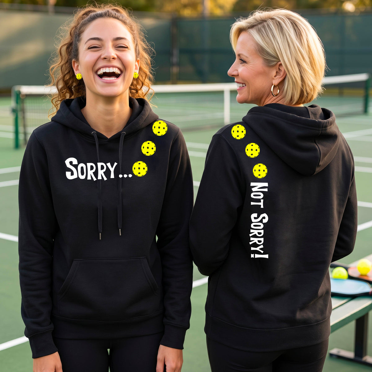 Two women on a pickleball court wearing black pullover hoodies with a front/back graphic design.  The front features the playful word “SORRY…” in bold white lettering, accented with three colorful pickleballs arranged diagonally across the upper chest.  The back design features “NOT SORRY!” in bold white lettering running vertically down the upper back, with three matching colorful pickleballs positioned above lettering.  