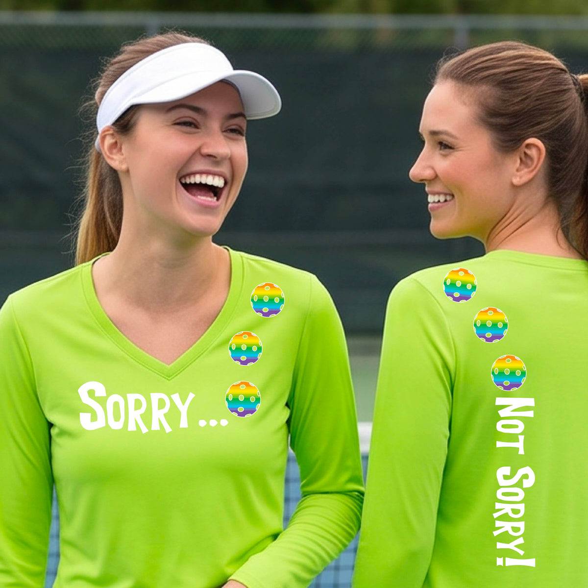 Two women on a pickleball court wearing lime green long-sleeve v-neck t-shirts with a front/back graphic design.  The front features the playful word “SORRY…” in bold white lettering, accented with three colorful pickleballs arranged diagonally across the upper chest.  The back design features “NOT SORRY!” in bold white lettering running vertically down the upper back, with three matching colorful pickleballs positioned above lettering. 