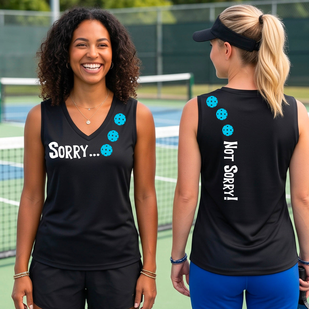 Two women on a pickleball court wearing black sleeveless t-shirts with a front/back graphic design.  The front features the playful word “SORRY…” in bold white lettering, accented with three colorful pickleballs arranged diagonally across the upper chest.  The back design features “NOT SORRY!” in bold white lettering running vertically down the upper back, with three matching colorful pickleballs positioned above lettering.  