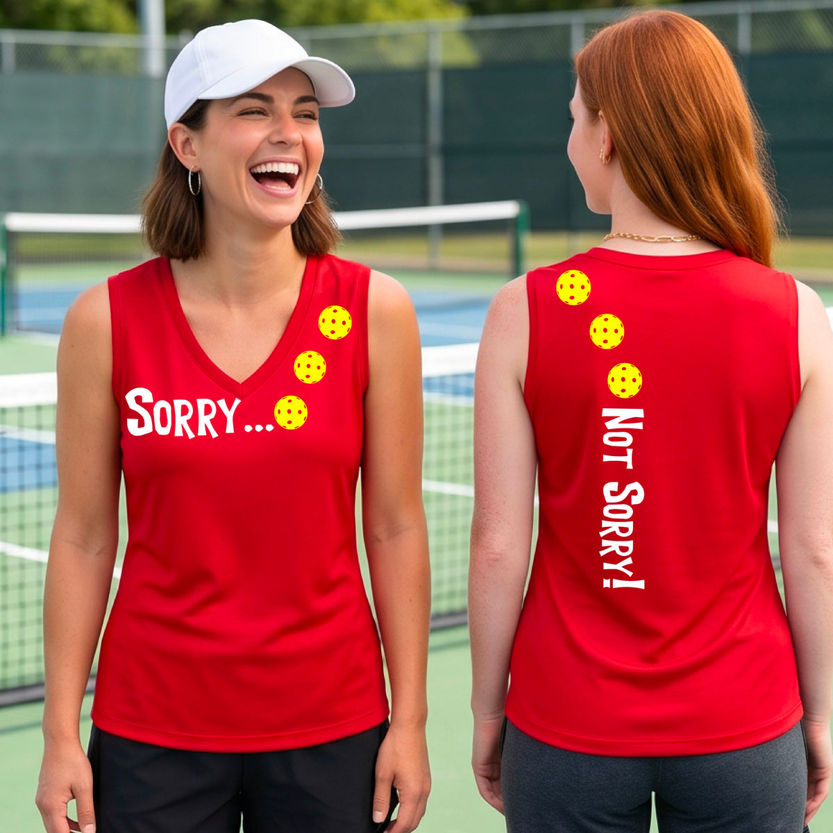 Two women on a pickleball court wearing red sleeveless t-shirts with a front/back graphic design.  The front features the playful word “SORRY…” in bold white lettering, accented with three colorful pickleballs arranged diagonally across the upper chest.  The back design features “NOT SORRY!” in bold white lettering running vertically down the upper back, with three matching colorful pickleballs positioned above lettering.  