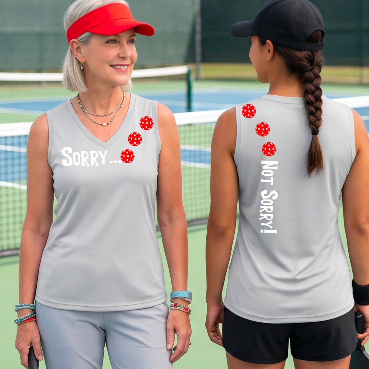 Two women on a pickleball court wearing silver gray sleeveless t-shirts with a front/back graphic design.  The front features the playful word “SORRY…” in bold white lettering, accented with three colorful pickleballs arranged diagonally across the upper chest.  The back design features “NOT SORRY!” in bold white lettering running vertically down the upper back, with three matching colorful pickleballs positioned above lettering.  