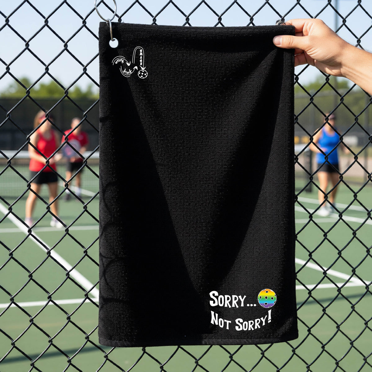 A close-up of a black terry cloth grommet and hook towel hanging on a fence at a pickleball court, with pickleball motif design on the front and brim and features the playful word “SORRY…” in bold white lettering, accented a colorful pickleball, with the words 'Not sorry" curved underneath on the bottom right of the towel. .There is a white logo of 'DINK DINK SMASH' on the upper left of the towel.  