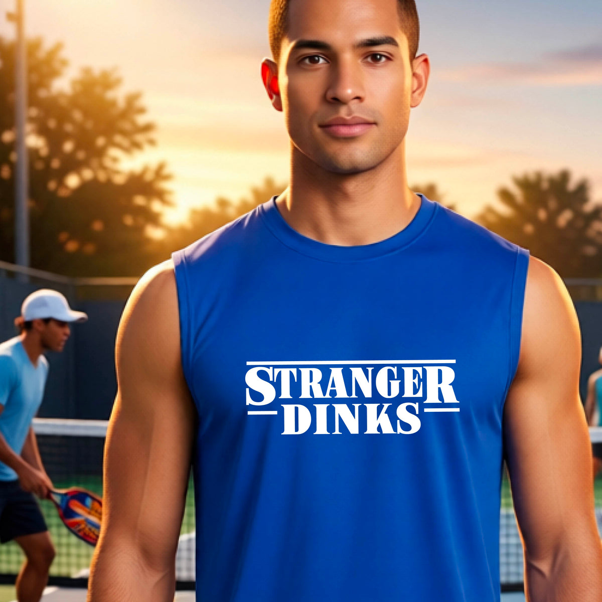 A man on a pickleball court wearing a royal blue short-sleeve t-shirt with a white graphic of the words “STRANGER DINKS” on the front of the shirt in the style of the popular TV Series Stranger Things. 