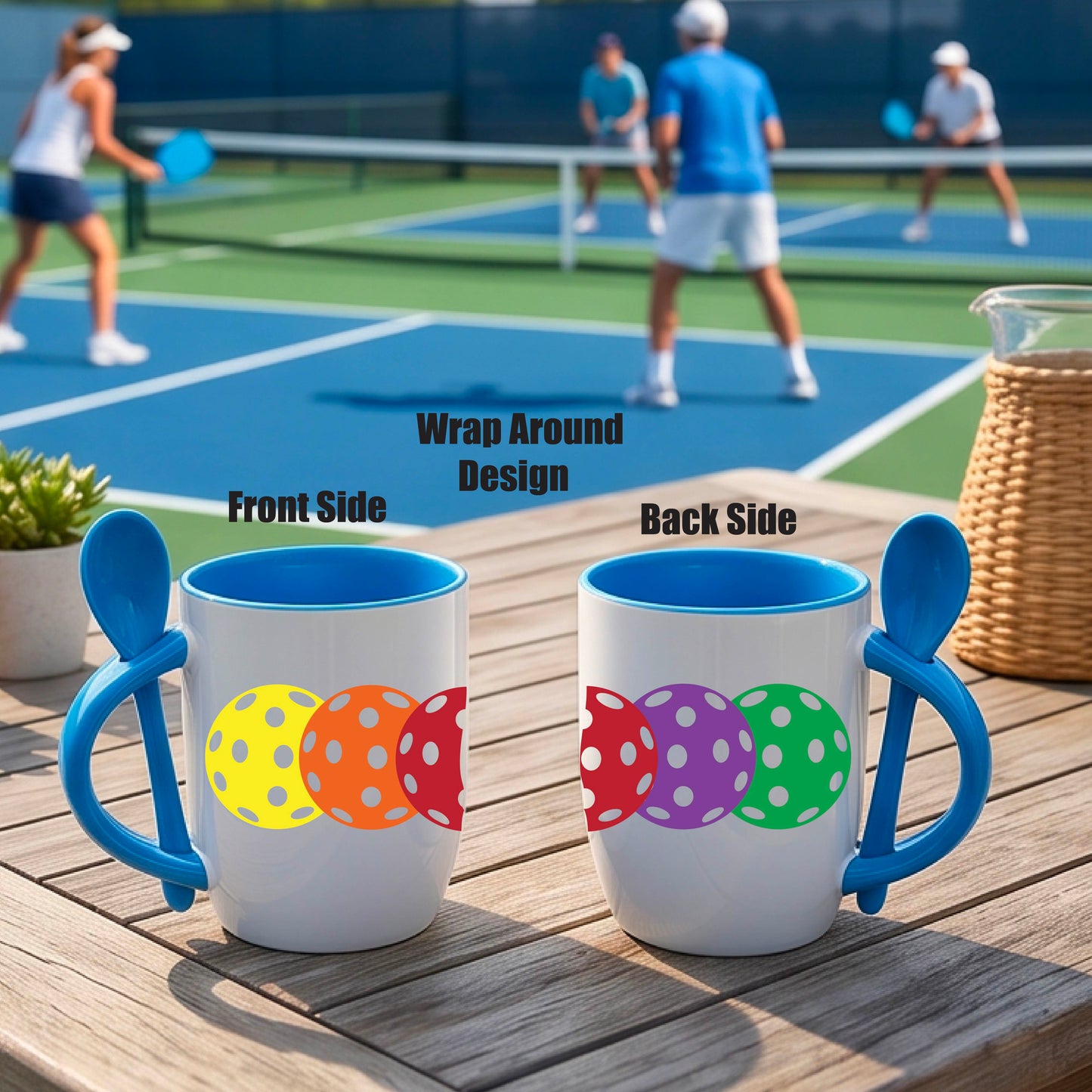 A white and blue 12 ounce coffee mug with a built in spoon in the handle with and a fun pickleball graphic of a string of pastel colored pickleballs. 