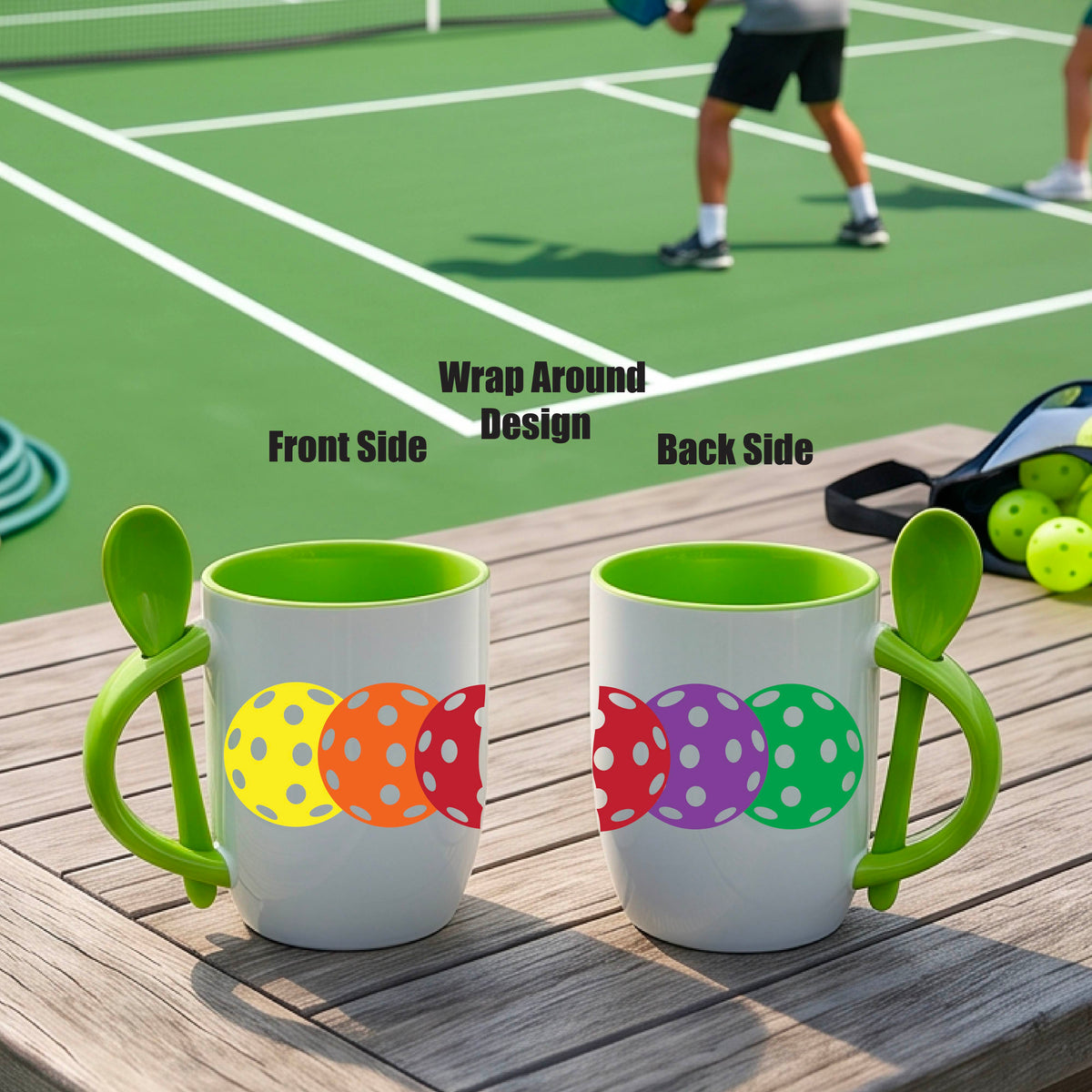 A white and green 12 ounce coffee mug with a built in spoon in the handle with and a fun pickleball graphic of a string of pastel colored pickleballs. 
