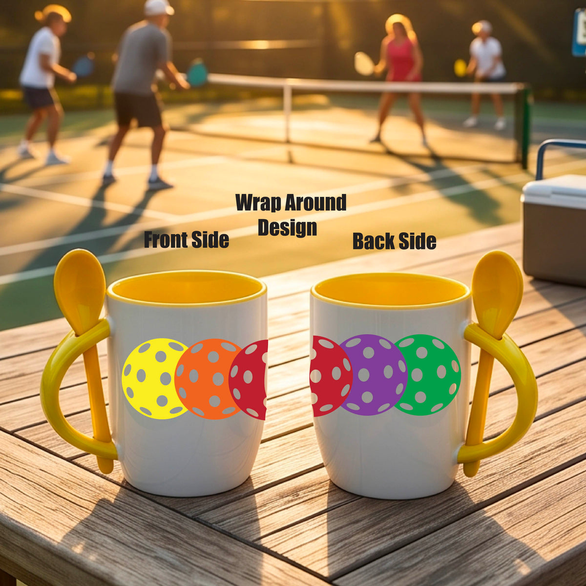 A white and yellow 12 ounce coffee mug with a built in spoon in the handle with and a fun pickleball graphic of a string of pastel colored pickleballs. 