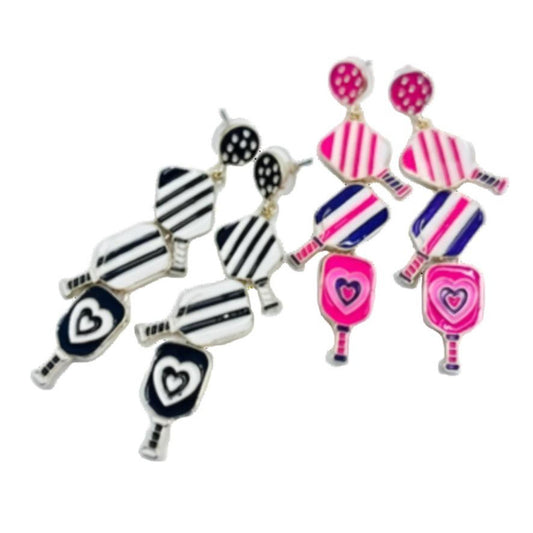 Pickleball Triple-Linked Enamel Earrings With Pickleball Gnome | Pickleball Jewelry | Fun Pickleball Gifts