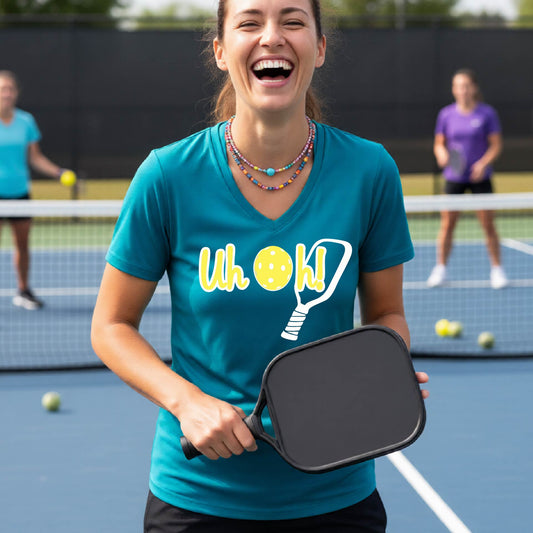 A woman on a pickleball court wearing a teal short-sleeve v-neck t-shirt with a white and yellow graphic of the words “Uh Oh!” with a yellow pickleball replacing the letter O on the front of the shirt, over the top of a pickleball paddle.