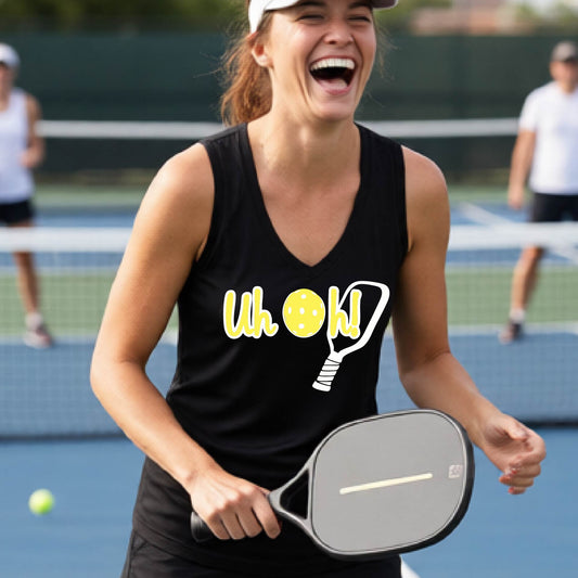 A woman on a pickleball court wearing a black short-sleeve v-neck t-shirt with a white and yellow graphic of the words “Uh Oh!” with a yellow pickleball replacing the letter O on the front of the shirt, over the top of a pickleball paddle.