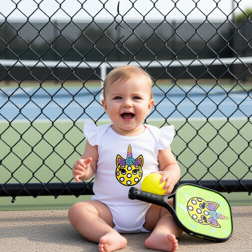 An infant wearing a one piece flutter sleeve outfit of a pickelball unicorn in front of a pickleball court. 