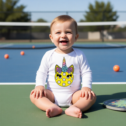A baby sitting on a green pickleball court wearing a white long-sleeve bodysuit with a colorful unicorn pickleall graphic on the front.