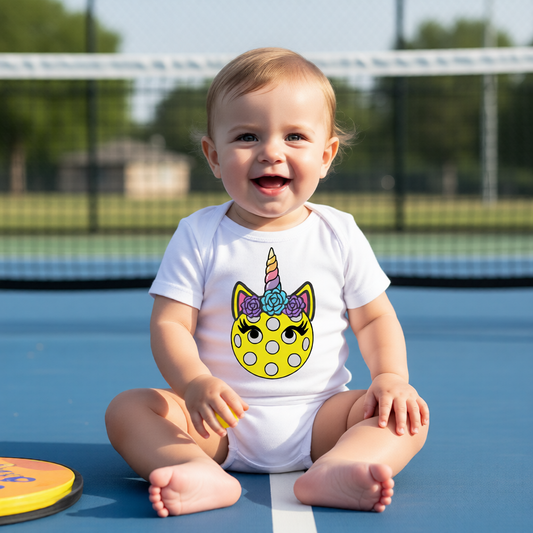 A baby sitting on a blue outdoor pickleball court wearing a white short-sleeve bodysuit with a colorful cartoon pickleball unicorn face graphic on the front.