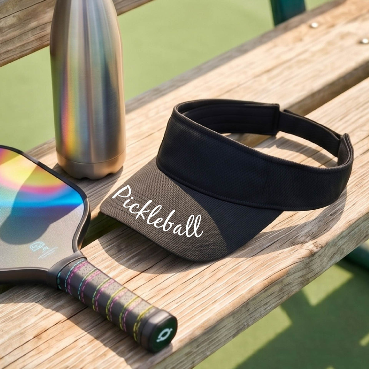 A close-up of a black visor with a graphic of the word “Pickleball” in a white script across the brim of the visor, shown worn in front of a pickleball court in the background. 