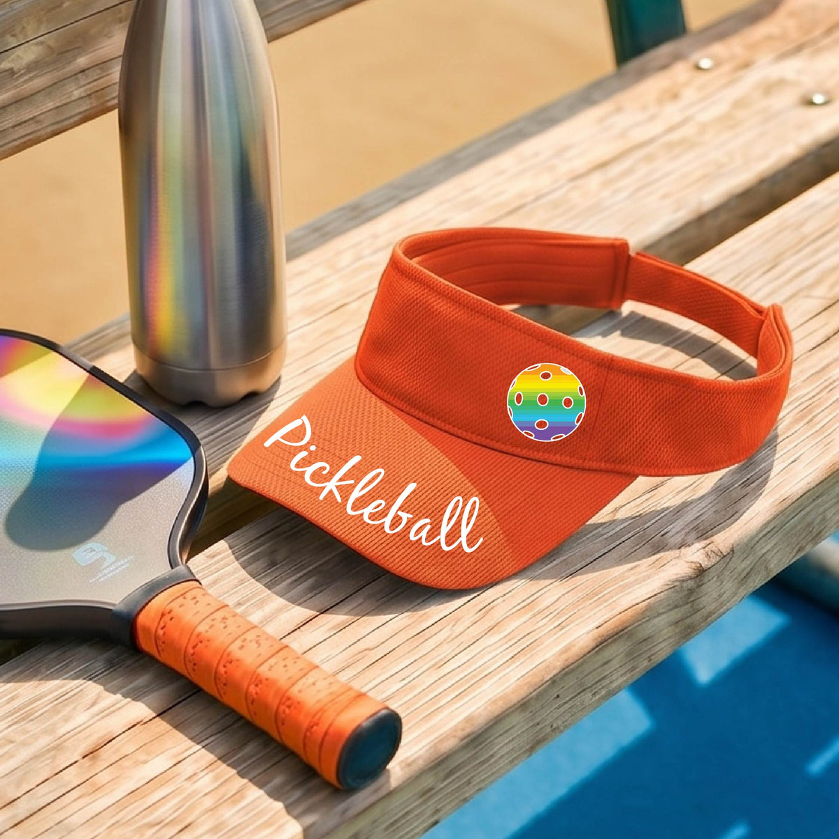 A close-up of an orange visor with a graphic of the word “Pickleball” in a white script across the brim of the visor, including a colorful pickleball shown worn in front of a pickleball court in the background. 