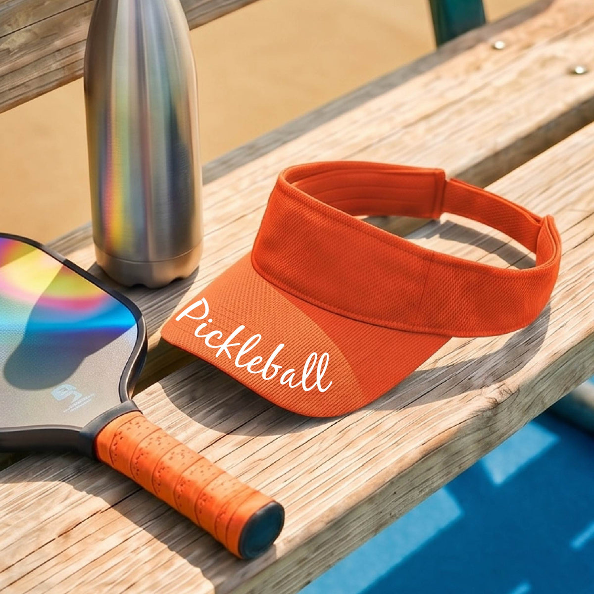 A close-up of an orange visor with a graphic of the word “Pickleball” in a white script across the brim of the visor, shown worn in front of a pickleball court in the background. 