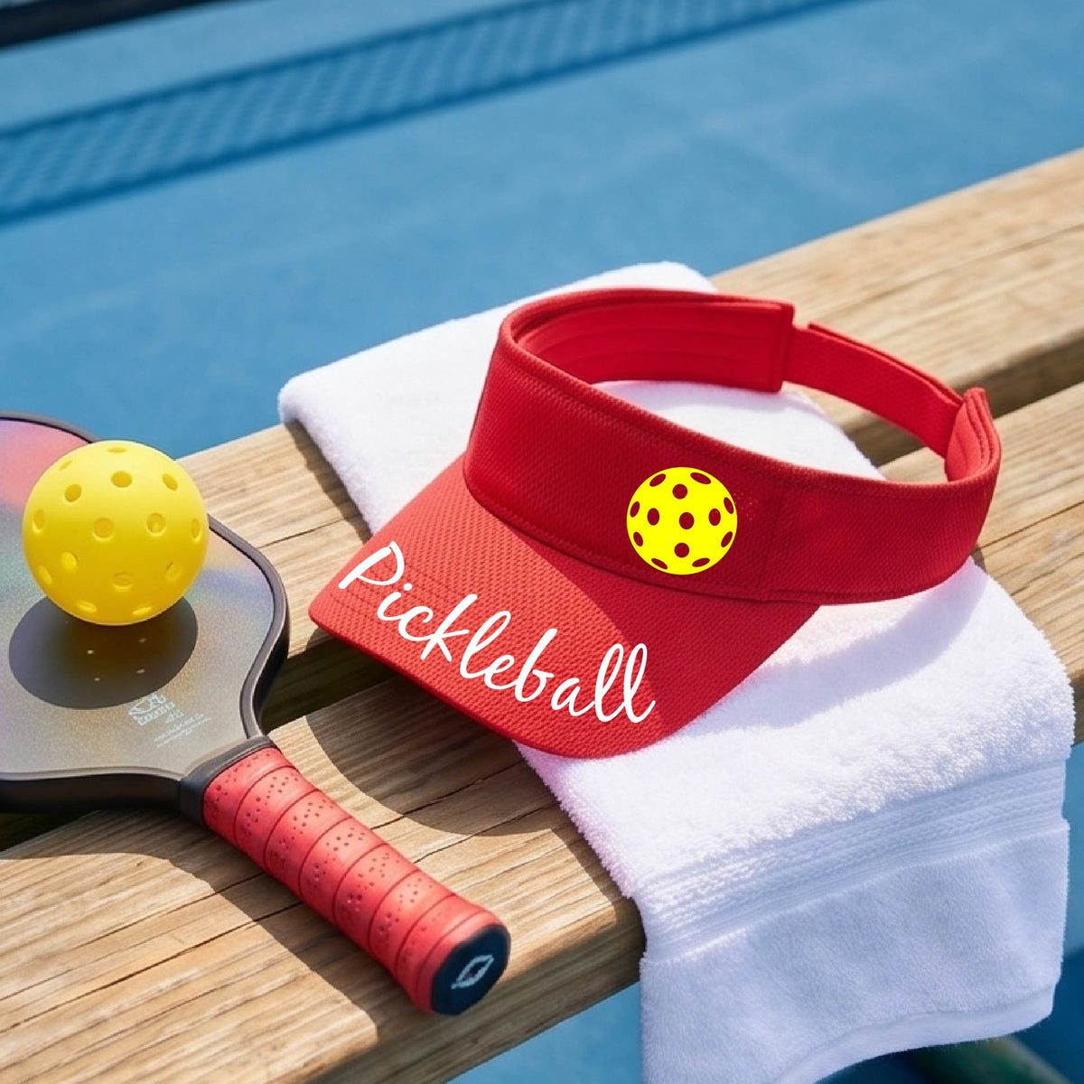 A close-up of a red visor with a graphic of the word “Pickleball” in a white script across the brim of the visor, including a colorful pickleball shown worn in front of a pickleball court in the background. 