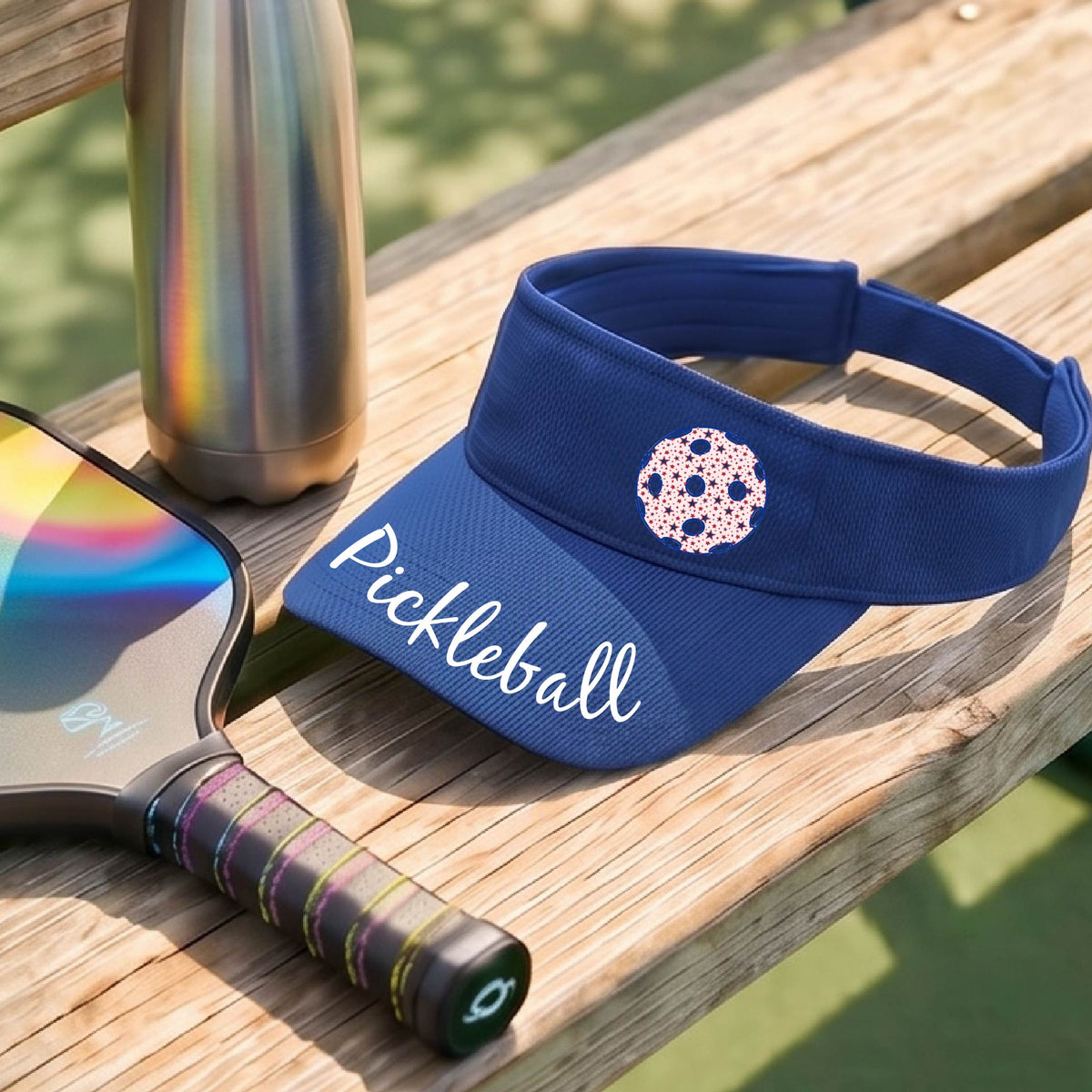 A close-up of a royal blue visor with a graphic of the word “Pickleball” in a white script across the brim of the visor, including a colorful pickleball shown worn in front of a pickleball court in the background. 