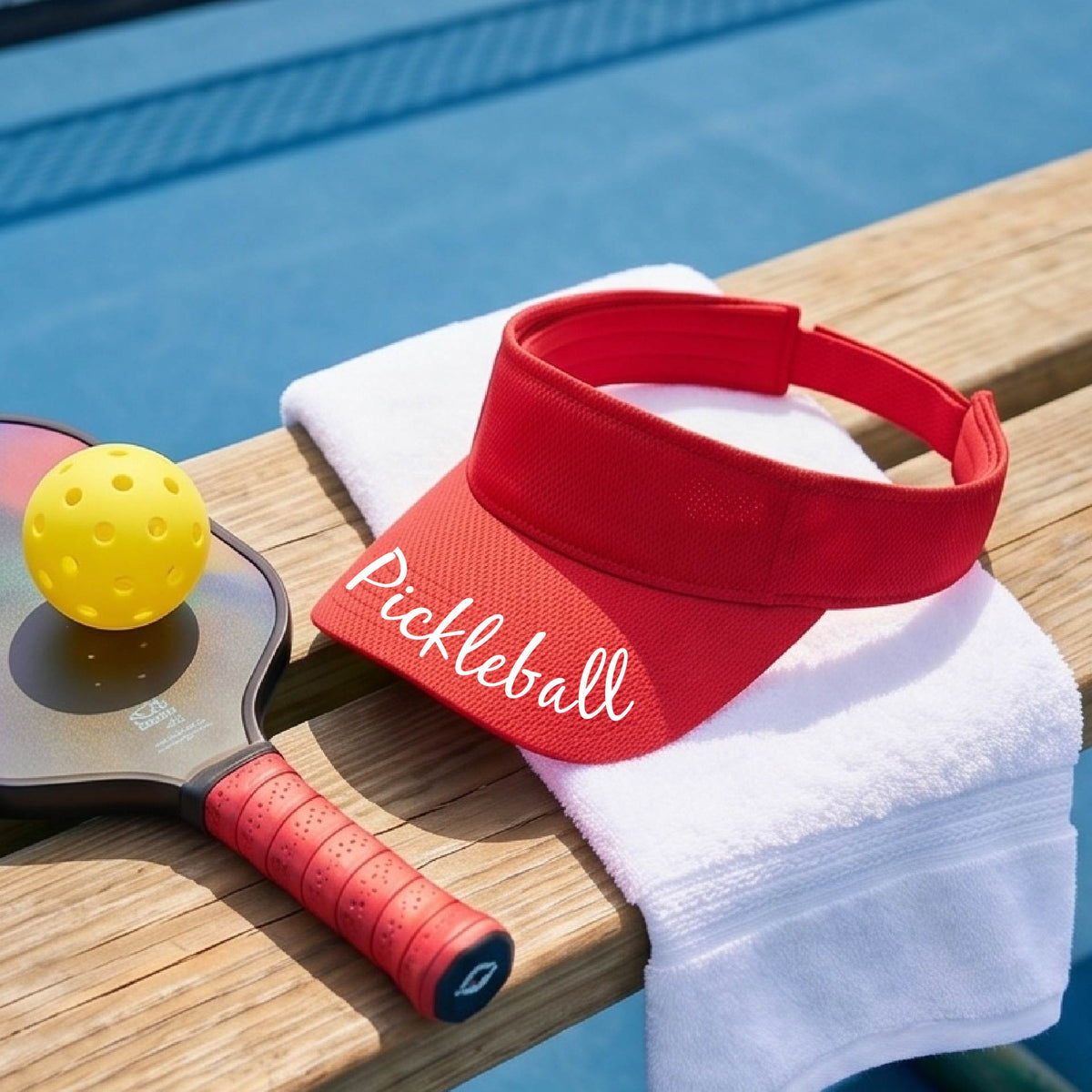 A close-up of a red visor with a graphic of the word “Pickleball” in a white script across the brim of the visor, shown worn in front of a pickleball court in the background. 