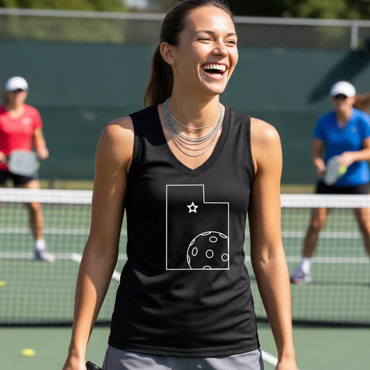 A close-up of a woman wearing a black sleeveless, with a white graphic outline of the State of Utah , including an outline of a white pickleball in the lower right corner and a star outline in the center of the graphic, on the back of the shirt.   