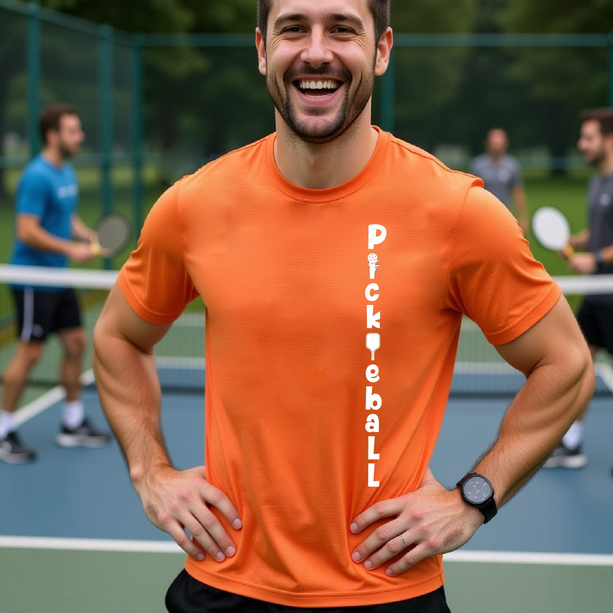 A man wearing an orange short-sleeve t-shirt with a white graphic text 'PICKLEBALL' on the front with a pickleball paddle replacing the L, standing on a pickleball court.
