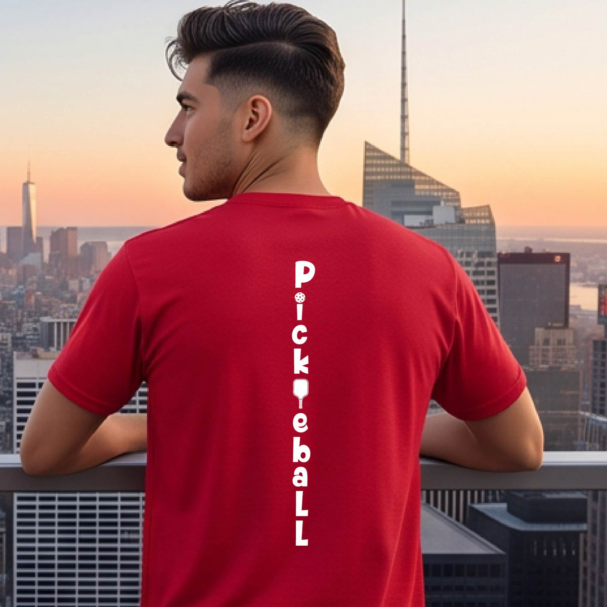 A man wearing a red short-sleeve t-shirt with a white graphic text 'PICKLEBALL' on the back with a pickleball paddle replacing the L.