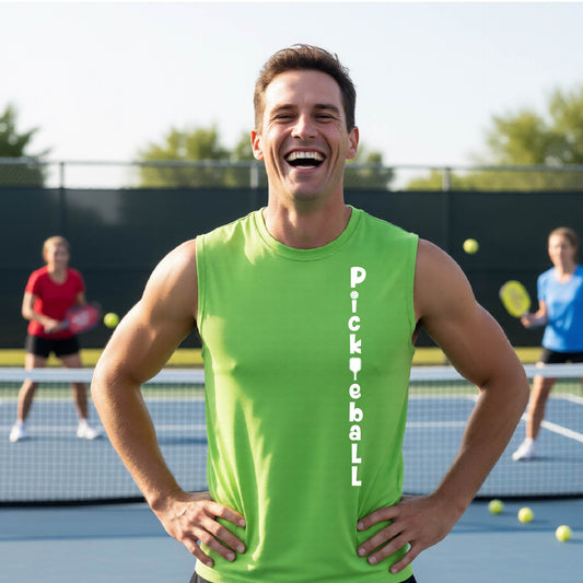 A man wearing a lime green sleeveless t-shirt with a white graphic text 'PICKLEBALL' on the front with a pickleball paddle replacing the L, standing on a pickleball court