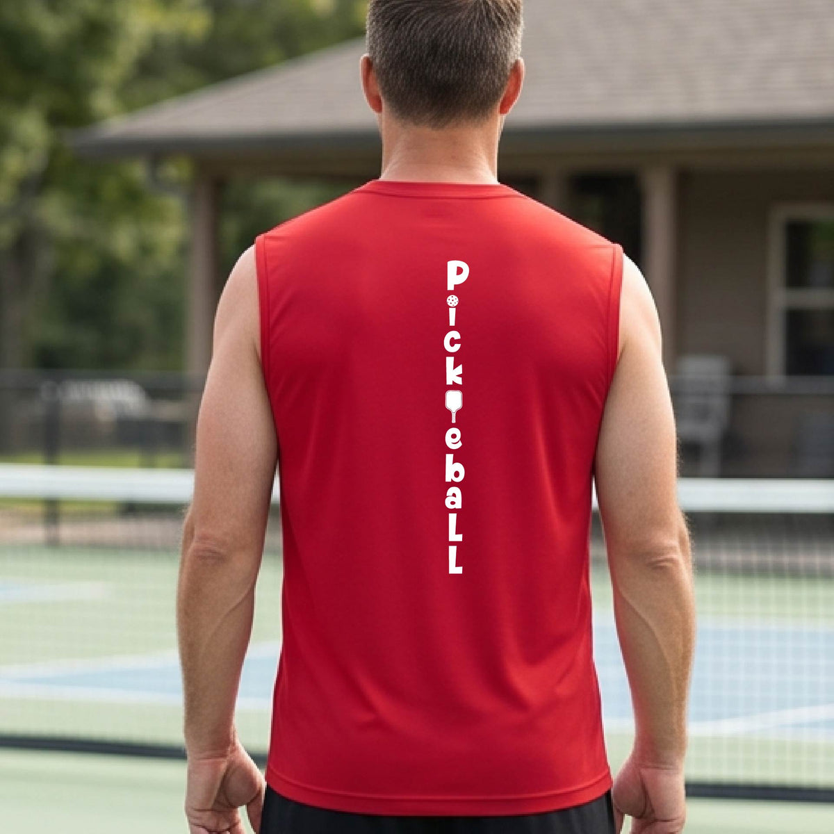 A man wearing a red sleeveless t-shirt with a white graphic text 'PICKLEBALL' on the back with a pickleball paddle replacing the L, standing on a pickleball court