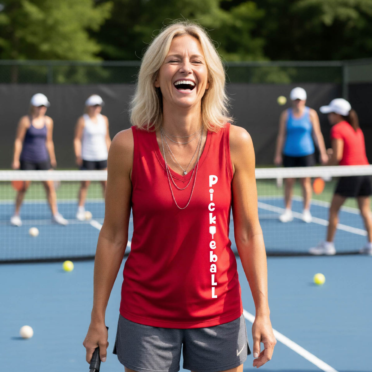 A woman wearing a red sleeveless v-neck t-shirt with a white graphic text 'PICKLEBALL' on the front with a pickleball paddle replacing the L, standing on a pickleball court.