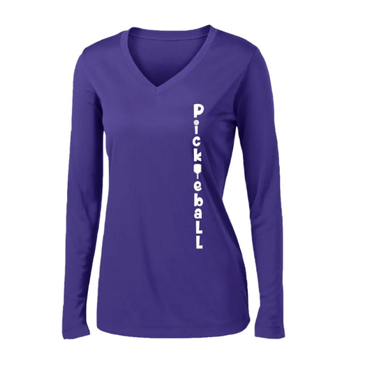 Pickleball Vertical (Customizable) | Women’s Long Sleeve V-Neck Pickleball Performance T-Shirt | 100% Polyester