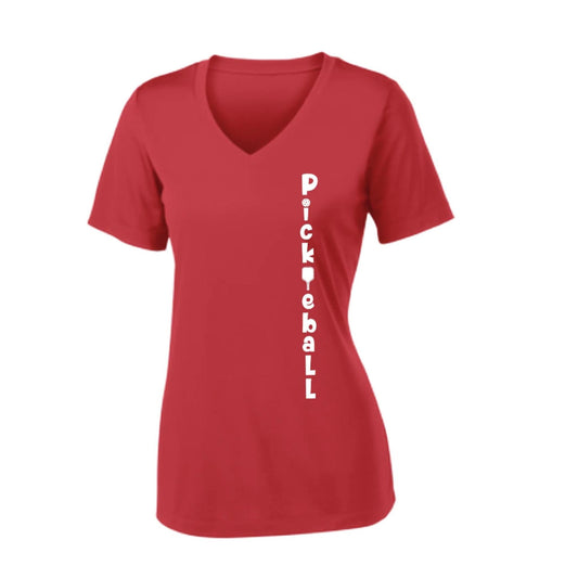 Pickleball Vertical (Customizable) | Women's Short Sleeve V-Neck Pickleball Performance T-Shirts | 100% Polyester