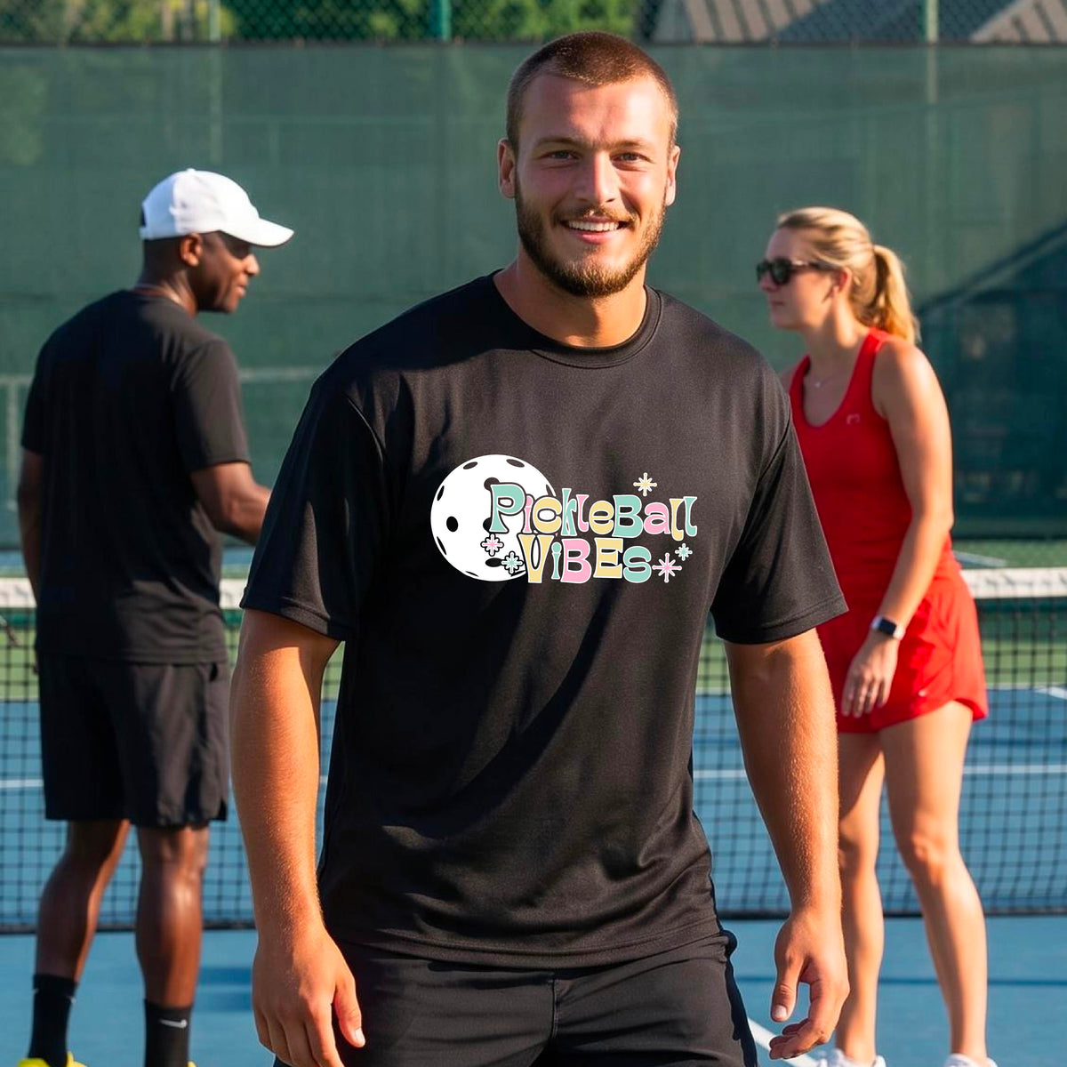 A close-up of a smiling man on a pickleball wearing a black short-sleeve t-shirt, with a colorful retro style font 'Pickleball Vibes' on top of a white pickleball graphic, on the front of the shirt.