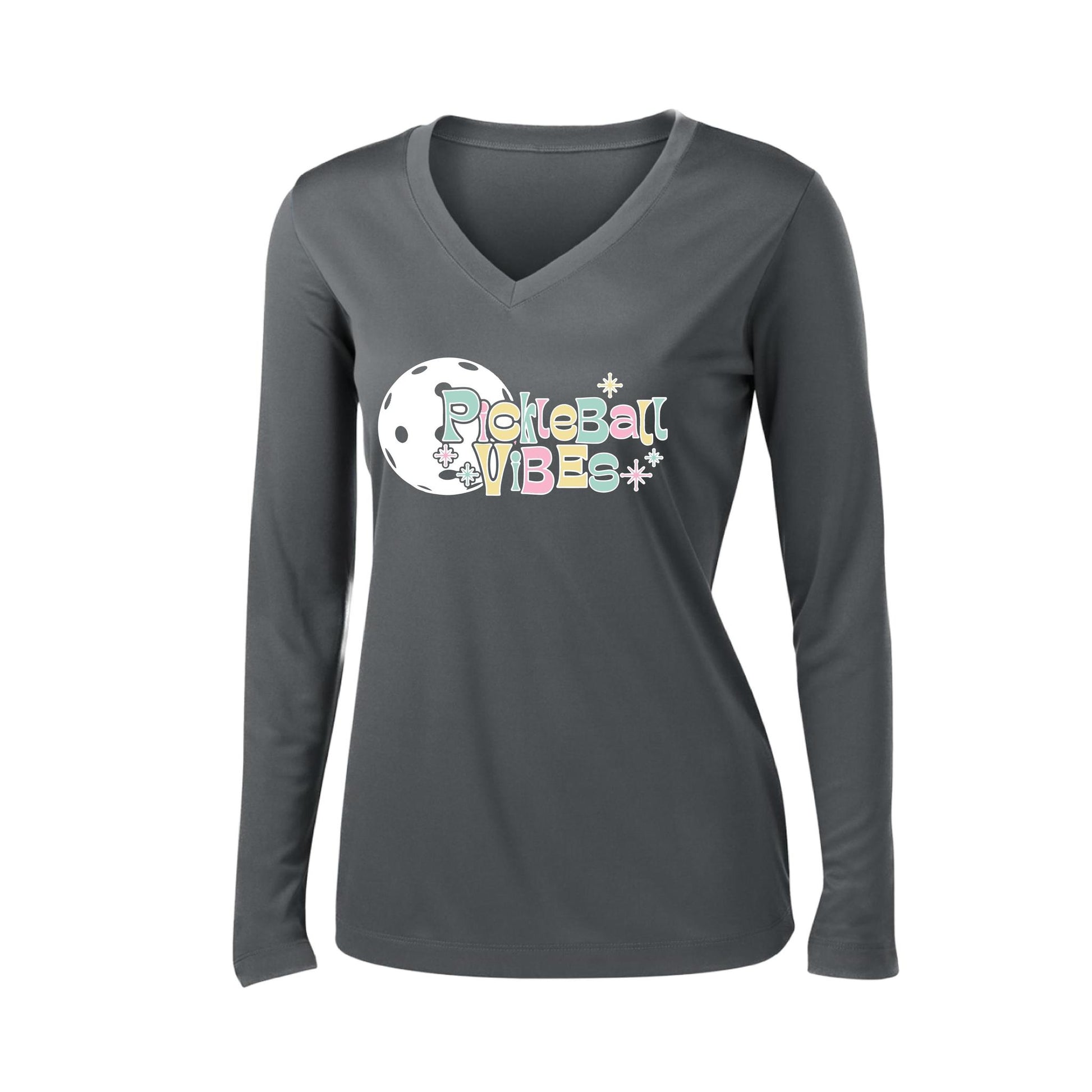Pickleball Vibes | Women’s Long Sleeve V-Neck Pickleball Performance T-Shirt | 100% Polyester